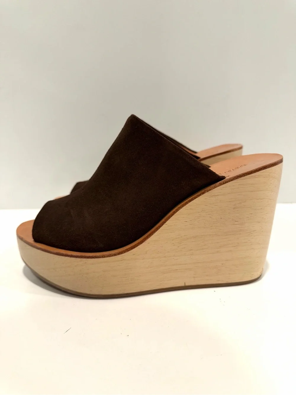 Rachel Comey Brown Suede Peep Toe Wood Platform Wedge Mules Size 8